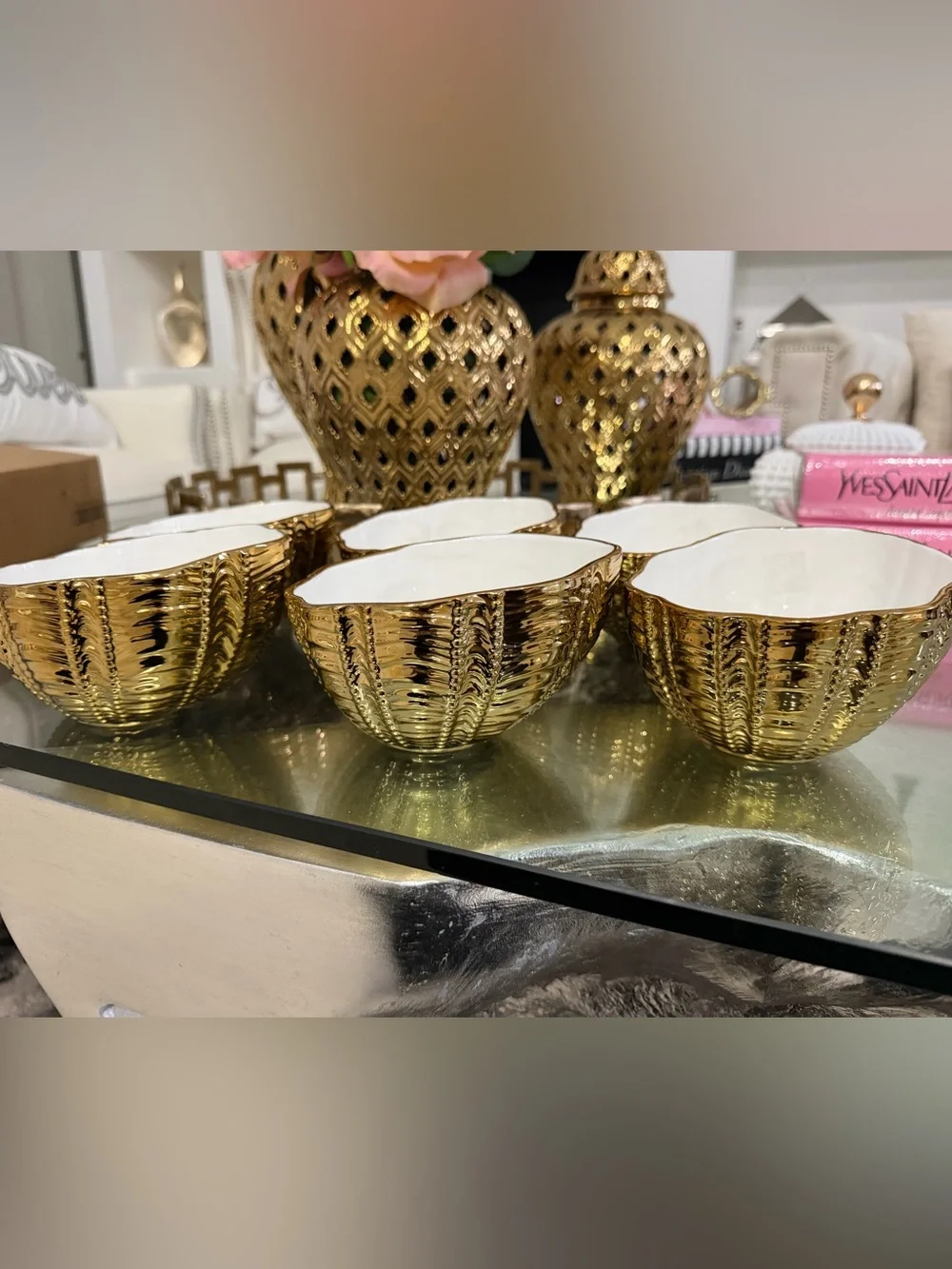 Set of 6 Elegant Gold Ceramic Serving Bowl Fable Aura Bowl, 5.5